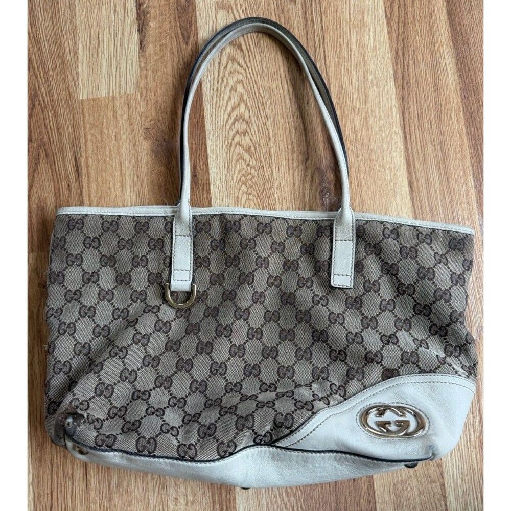 AUTHENTIC Gucci Brown GG Canvas Tote with Cream Trim. #169946 Authentic Fair